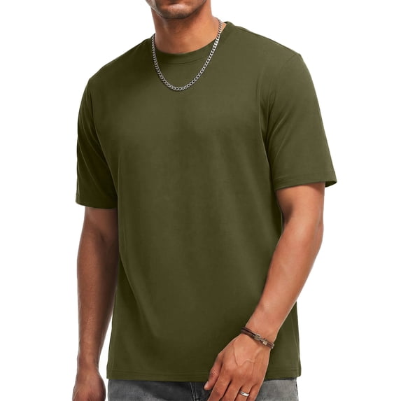 RICHCOIN Men Classic Fit Crewneck Tee Short Sleeve Relaxed Fit Basic Top Casual Army Green T-shirt M