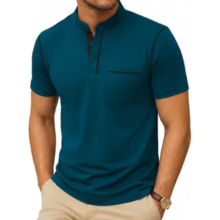 RICHCOIN Men Henley Shirts Short Sleeve Casual Classic T-Shirts Pocket Button Summer Blue Tees Size L