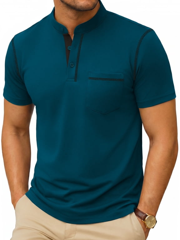 Men Henley Shirts Short Sleeve Casual Classic T-Shirts Pocket Button Summer Blue Tees Size XL