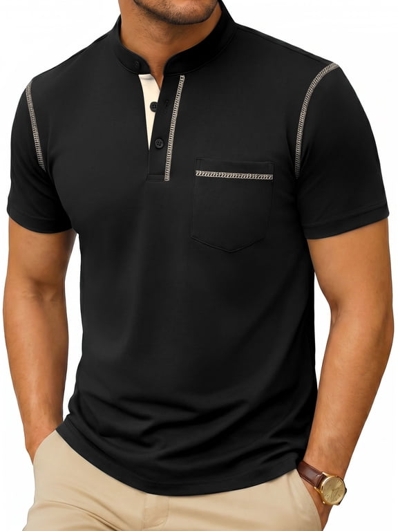 Men Henley T-Shirts Short Sleeve Button Down Summer Tops Casual Color Block Black Tee Shirt with Pocket Size L