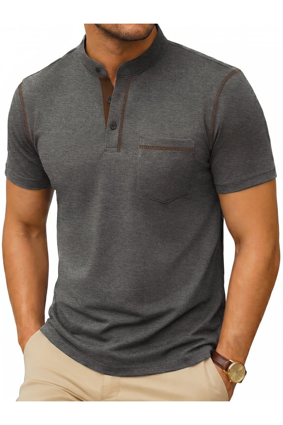 Men Summer Tops Short Sleeve V Neck Tshirt Band Collar Button Down Solid Pocket Gray Tee Shirts Size XXL