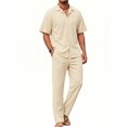 thumbnail image 1 of RICHCOIN Men's 2 Piece Beige Summer Beach Button Down Shirt & Pant Outfit Set Size L, 1 of 7