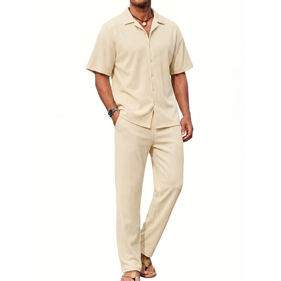 RICHCOIN Men's 2 Piece Beige Summer Beach Button Down Shirt & Pant Outfit Set Size L