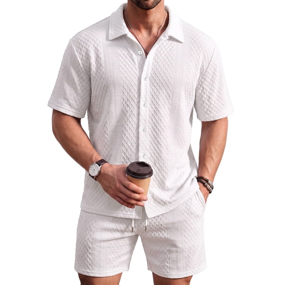 RICHCOIN Men's 2 Piece Outfits Textured Knit Short Sleeve Button Down Shirts and Shorts Old Money Casual Sets