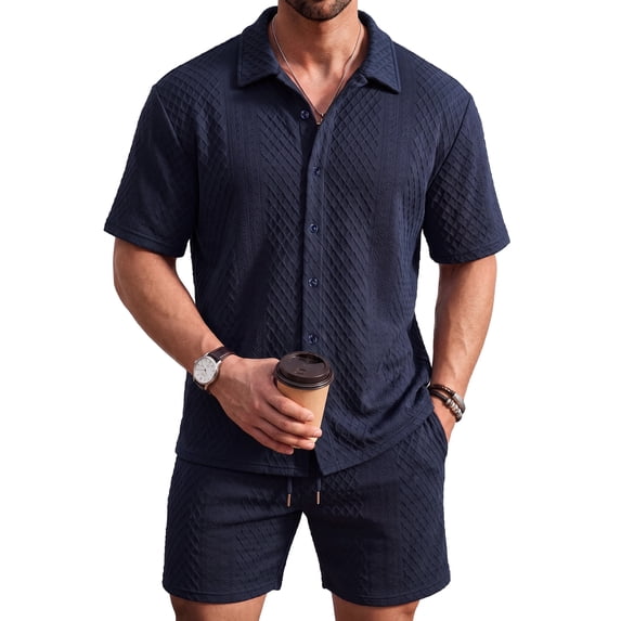RICHCOIN Men's 2 Piece Outfits Textured Knit Short Sleeve Button Down Shirts and Shorts Old Money Casual Sets