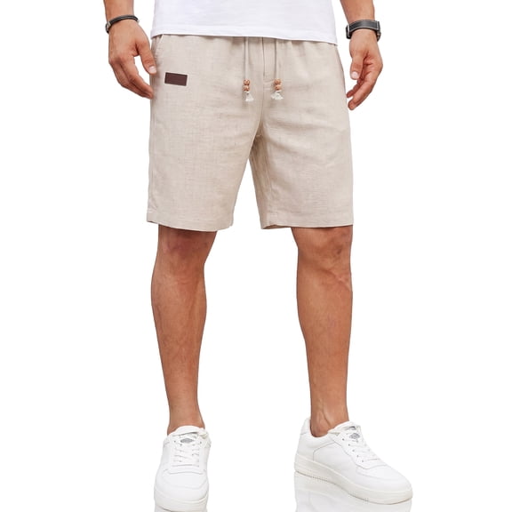 RICHCOIN Men's Linen Casual Classic Fit Short Drawstring Summer Beach Shorts with Pockets