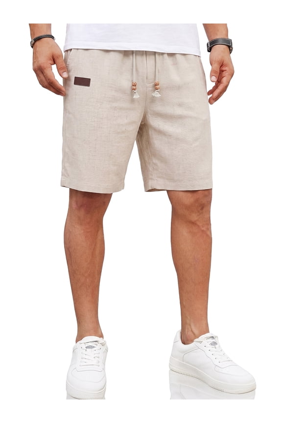 Men's Linen Casual Classic Fit Short Drawstring Summer Beach Shorts with Pockets