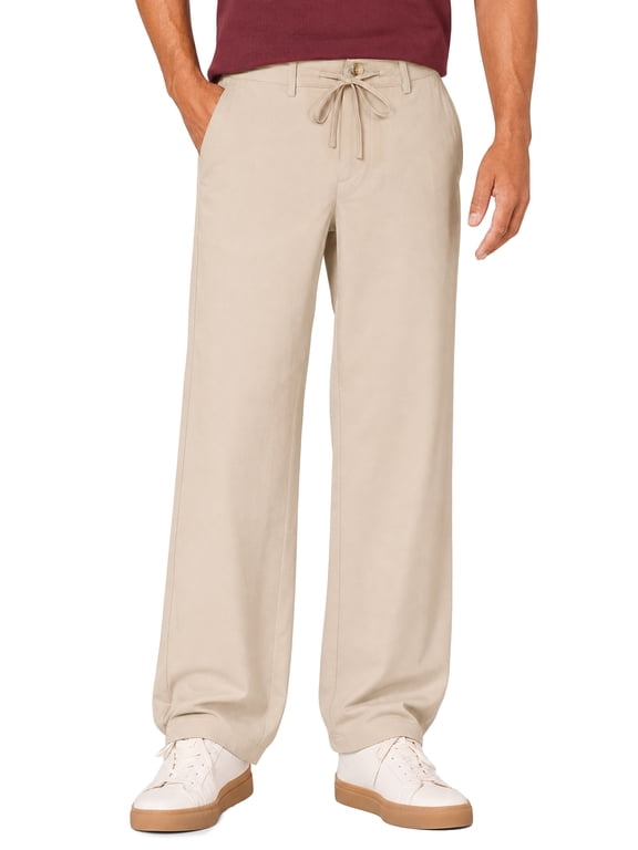 Men's Pants Elastic Waist Drawstring Casual Trouser Lightweight Straight-Legs Loose Beach Pants with Pockets