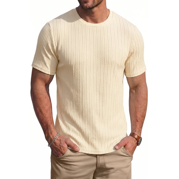 RICHCOIN Men's Ribbed Knit Crewneck T-Shirts Short Sleeve Textured Solid Casual Tee