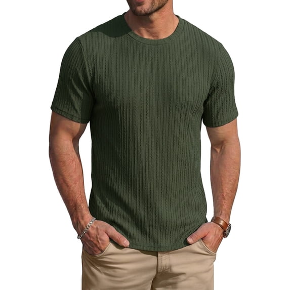 RICHCOIN Men's Ribbed Knit Crewneck T-Shirts Short Sleeve Textured Solid Casual Tee