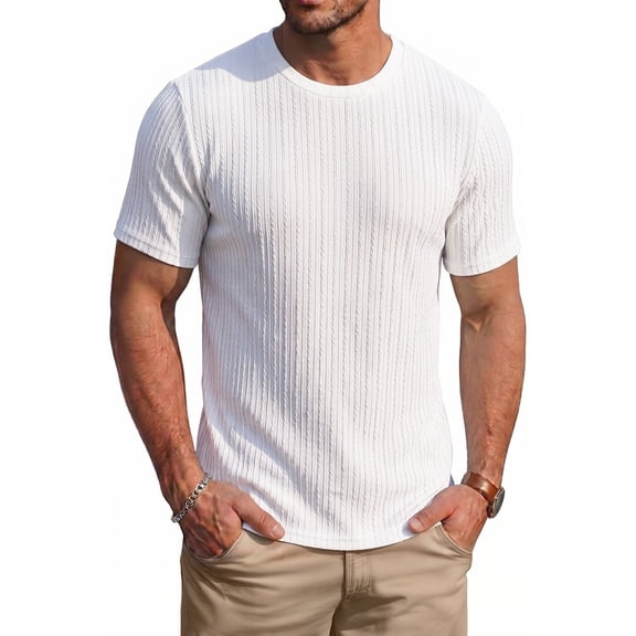 RICHCOIN Men's Ribbed Knit Crewneck T-Shirts Short Sleeve Textured Solid Casual Tee
