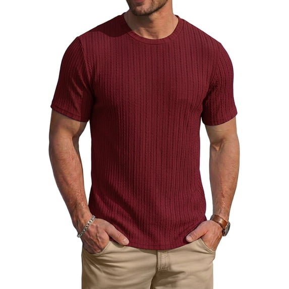 RICHCOIN Men's Ribbed Knit Crewneck T-Shirts Short Sleeve Textured Solid Casual Tee