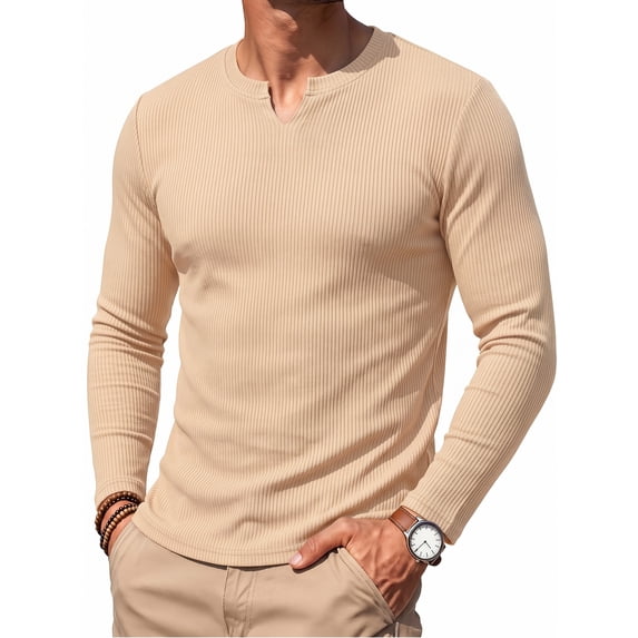 RICHCOIN Men's V Neck Long Sleeve Shirts Slim Fit Basic T Shirts Ribbed Fashion Tee