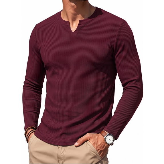 RICHCOIN Men's V Neck Long Sleeve Shirts Slim Fit Basic T Shirts Ribbed Fashion Tee