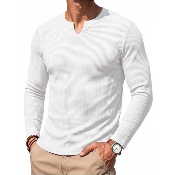 RICHCOIN Men's V Neck Long Sleeve Shirts Slim Fit Basic T Shirts Ribbed Fashion Tee