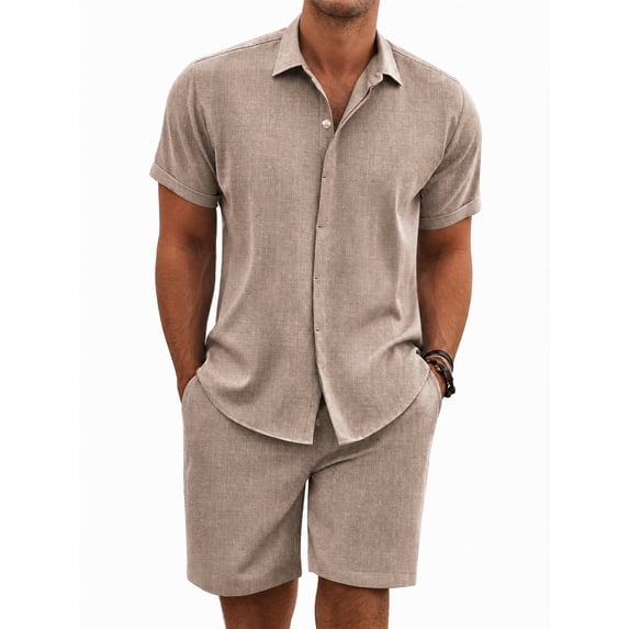 RICHCOIN Mens 2 Piece Outfit Summer Beach Short Sleeve Button Down Shirts and Shorts Vacation Sets for Men