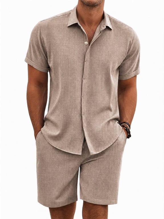 Mens 2 Piece Outfit Summer Beach Short Sleeve Button Down Shirts and Shorts Vacation Sets for Men