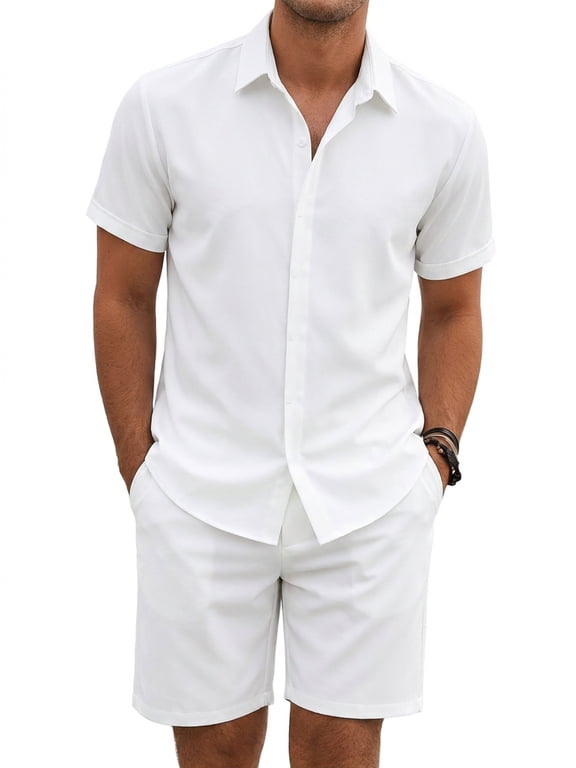 Mens 2 Piece Outfit Summer Beach Short Sleeve Button Down Shirts and Shorts Vacation Sets for Men