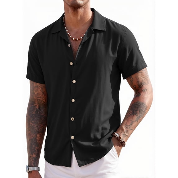RICHCOIN Mens Linen Shirts Cuban Hawaiian Shirts Short Sleeve Button Down Casual Summer Beach Tops