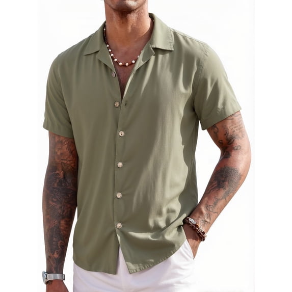 RICHCOIN Mens Linen Shirts Cuban Hawaiian Shirts Short Sleeve Button Down Casual Summer Beach Tops