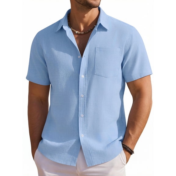 RICHCOIN Mens Linen Shirts Short Sleeve Button Down Dress Shirts for Men Casual Summer Tops Beach