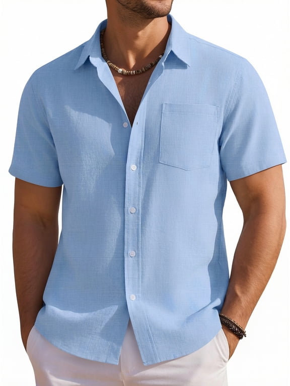 Mens Linen Shirts Short Sleeve Button Down Dress Shirts for Men Casual Summer Tops Beach