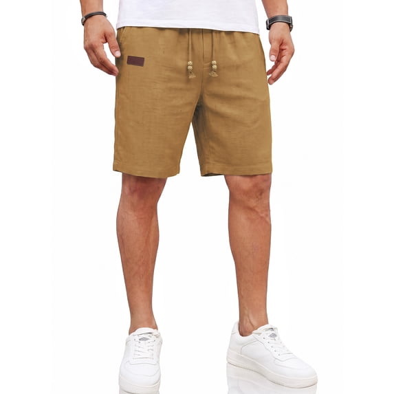 RICHCOIN Mens Linen Shorts Casual Summer Beach Drawstring Elastic Waist Shorts with Pocket