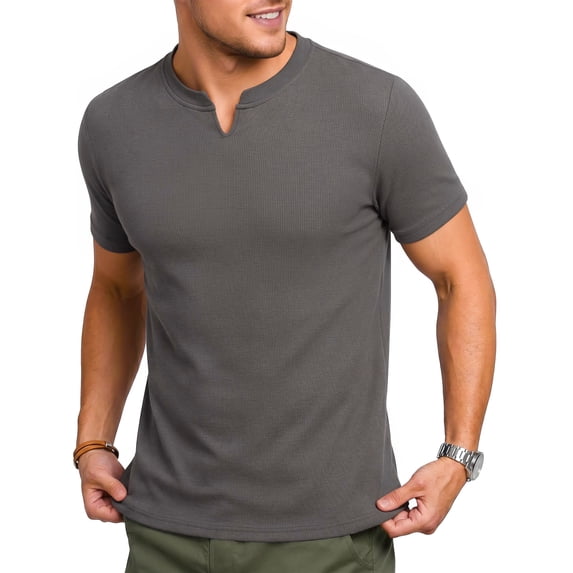 RICHCOIN Mens Muscle Slim T Shirts Texture V Neck Henley Gym Workout Athletic Tee Shirt