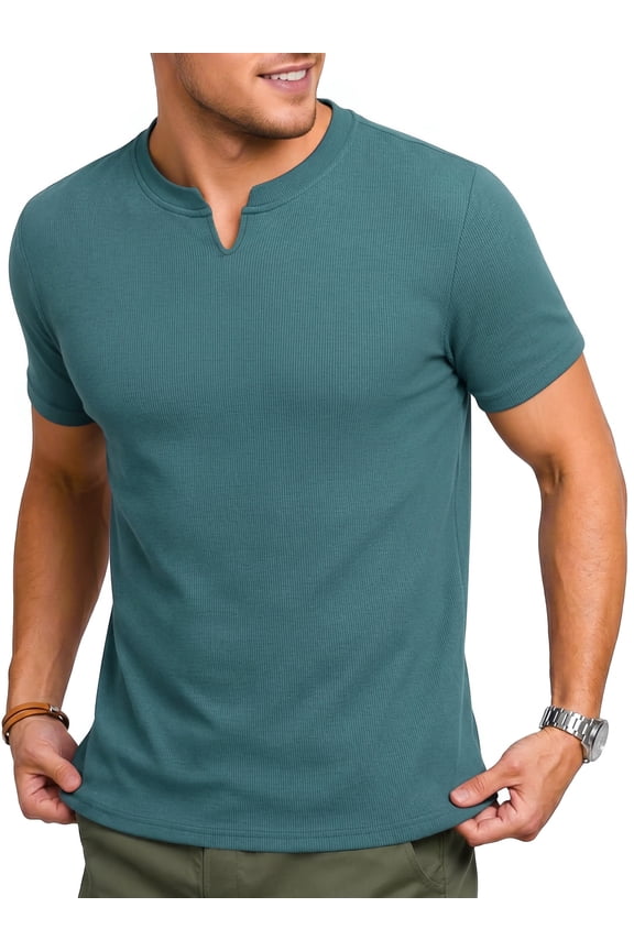 Mens Muscle Slim T Shirts Texture V Neck Henley Gym Workout Athletic Tee Shirt