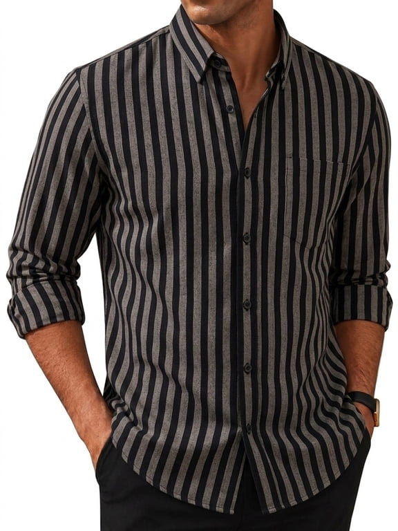Mens Striped Collared Button-Down Dress Shirts Long Sleeve Casual Business Office Shirt Tops
