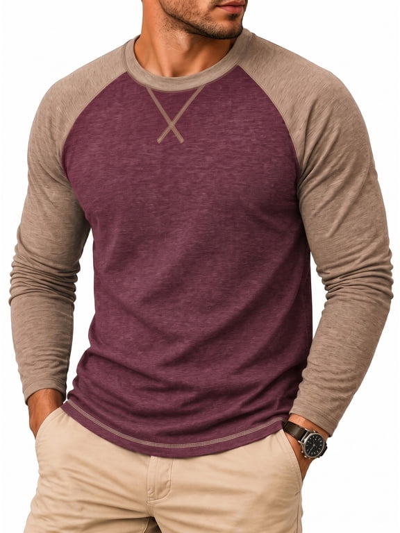 Mens T-shirt Crew Neck Long Sleeve Color Block Casual Lightweight Pullover Shirt