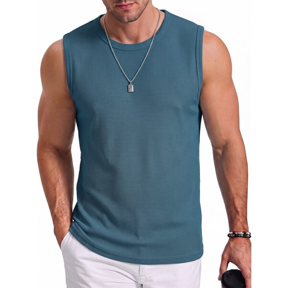 RICHCOIN Mens Tank Top Round Neck Sleeveless Muscle Shirts Lightweight Summer Beach Textured Tee