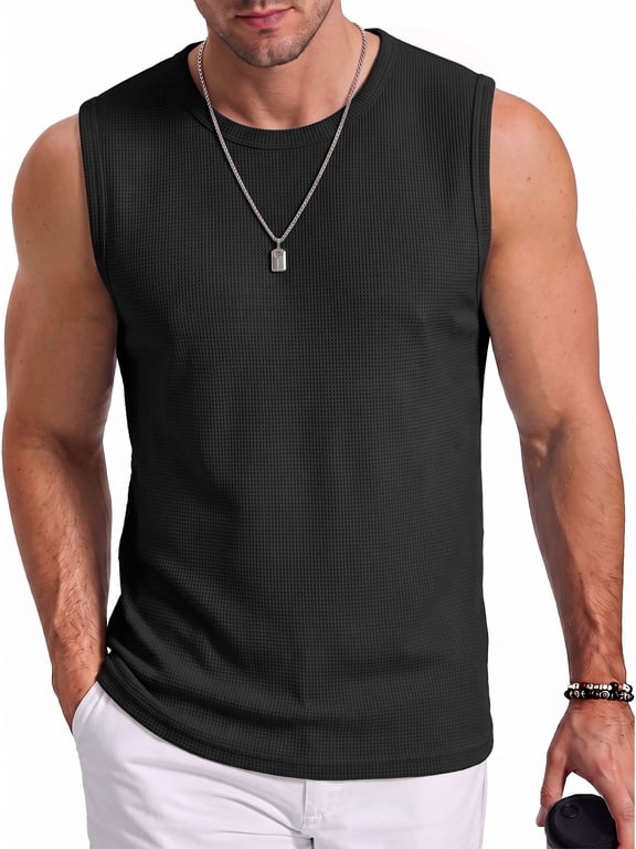 Mens Tank Top Round Neck Sleeveless Muscle Shirts Lightweight Summer Beach Textured Tee