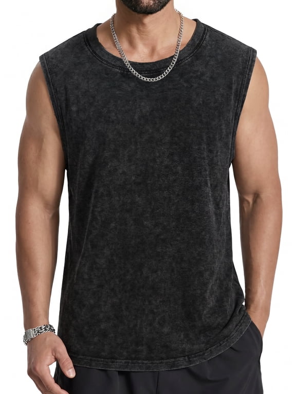 Mens Workout Tank Tops Sleeveless Muscle Shirt Acid Wash T Shirts Running Beach Loose Fit Tee