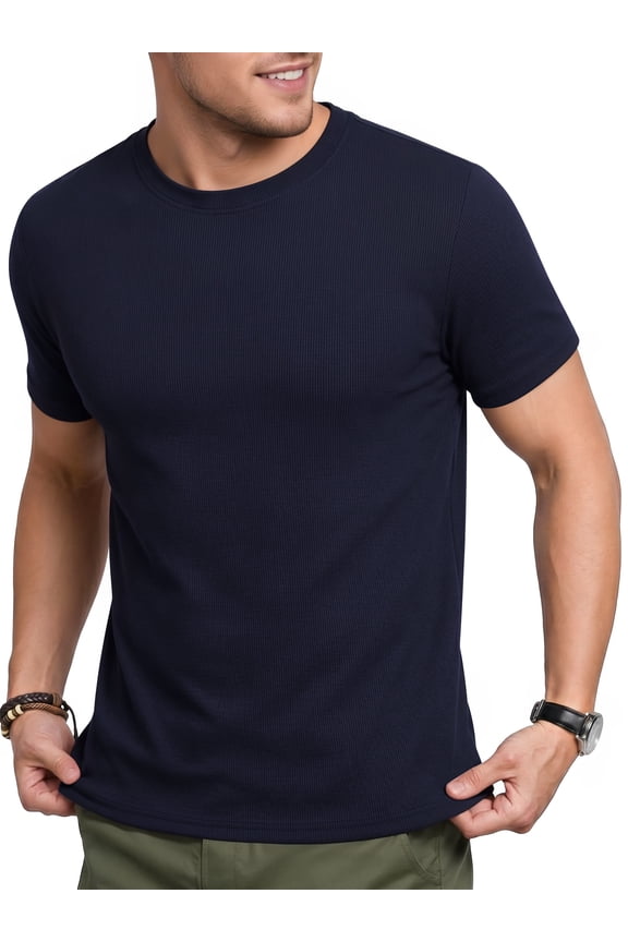 Short Sleeve T-shirt for Men Ribbed Summer Top Blue Casual Crewneck Slim Fit Tee Shirts L