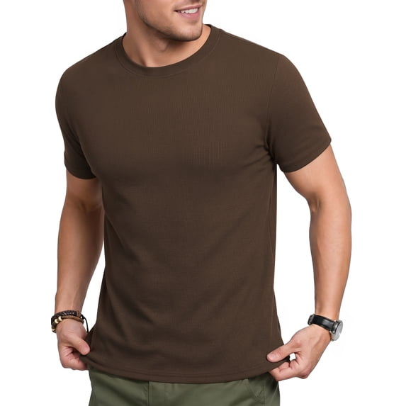 RICHCOIN Short Sleeve Top for Men Athletic Workout Summer Top Brown Casual Ribbed Round Neck Tee Shirt M