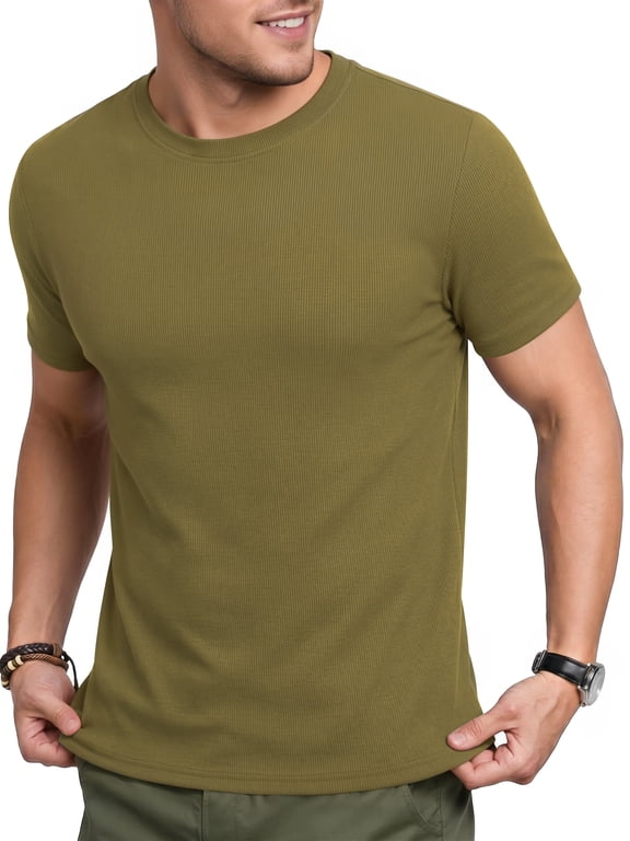 Summer T-shirt for Men Short Sleeve Basic Tops Green Ribbed Classic Fit Crew Neck Lightweight Tee Shirt L
