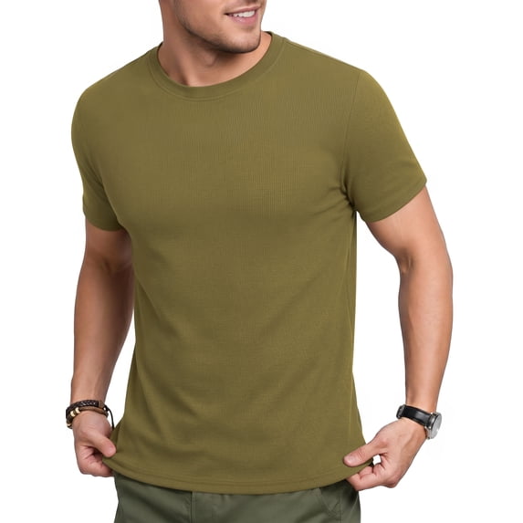 RICHCOIN Summer T-shirt for Men Short Sleeve Basic Tops Green Ribbed Classic Fit Crew Neck Lightweight Tee Shirt XXXL