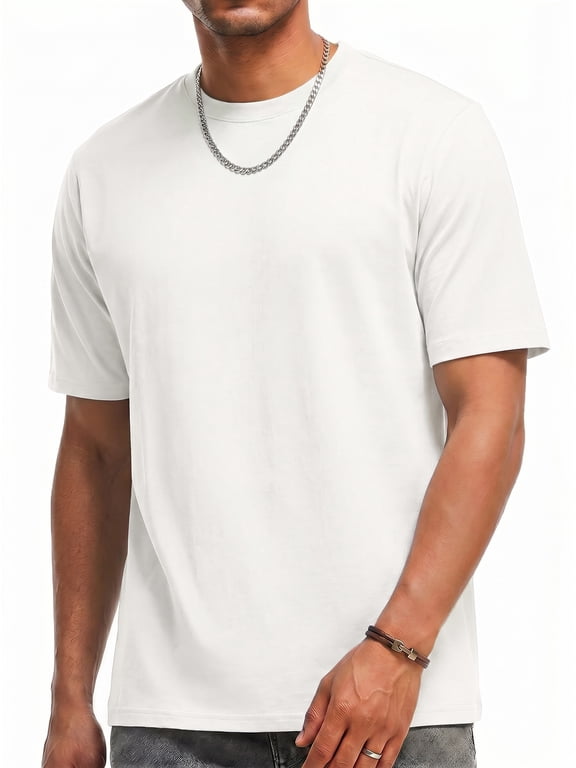 Summer Top for Men Short Sleeve Round Neck Basic T-shirt Loose Fit Solid Color White Tee Shirt L