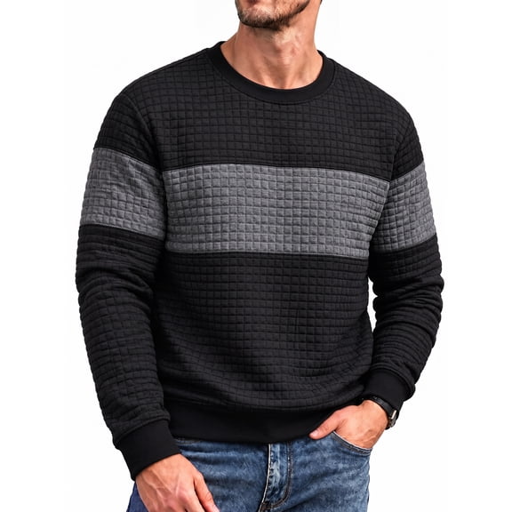 RICHCOIN Sweatshirts for Men Casual Crewneck Long Sleeve Color Block Pullover Waffle Knit Hoodie