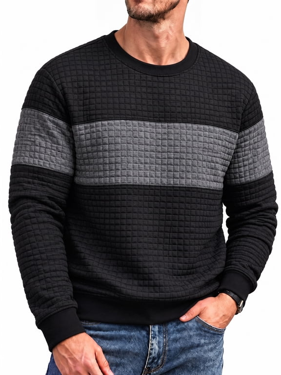 Sweatshirts for Men Casual Crewneck Long Sleeve Color Block Pullover Waffle Knit Hoodie