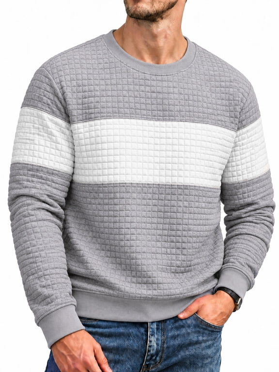 Sweatshirts for Men Casual Crewneck Long Sleeve Color Block Pullover Waffle Knit Hoodie