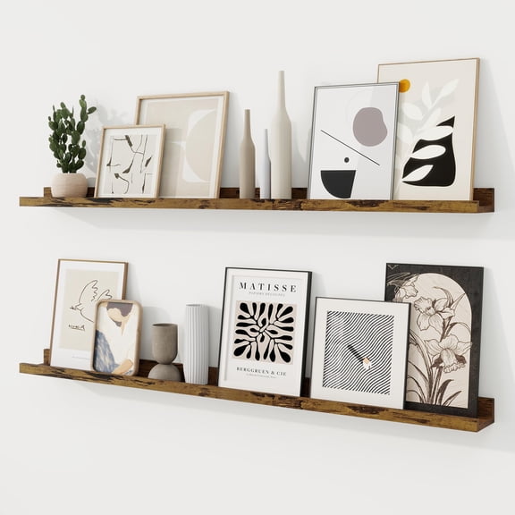 RICHFOCUS Picture Ledge Shelf, 48 inch Floating Shelves Set of 2, Wood Wall Shelves with Lip, Wall Decor Storage for Bedroom Living Room Bathroom Kitchen Nursery Photo Picture, Rustic Brown