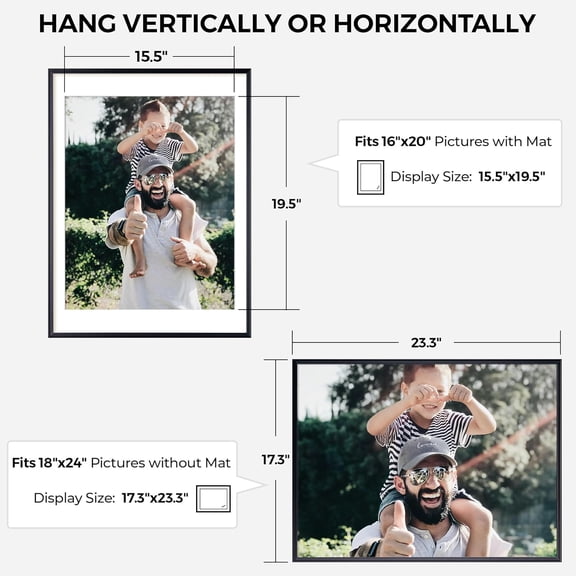 RICHFOOCUS Aluminum Picture Frame - 18x24 Black Metal Frame with Mat for 16x20 Photo, Floating Frame with Tempered Glass - Poster Frame Wall Hook Included for Gallery Wall