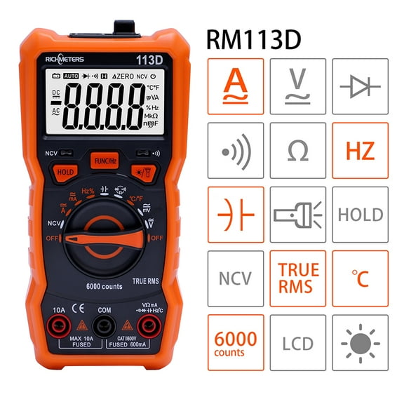 RICHMETERS RM113D NCV Digital Multimeter 6000 Counts Auto Ranging AC/DC Voltage Meter Flash Back Light Large Screen 113D