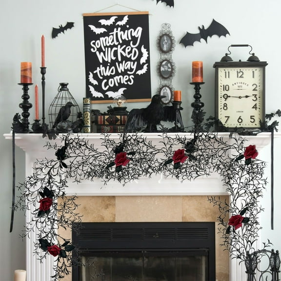 RICHMJ 70.87" Halloween Withered Wreath, Black Plastic Faux Rose Vine with Realistic Texture, Spooky Themed Hanging Decor for Door Wall Fireplace Holiday Party