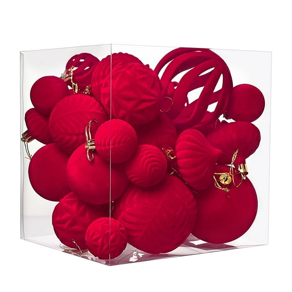 RICHMJ Christmas Decorations 36-Pack Special Shaped Flocking Christmas Ornaments, Red Velvet Hanging Balls, Festive Indoor Holiday Decor for Home Party(Red)