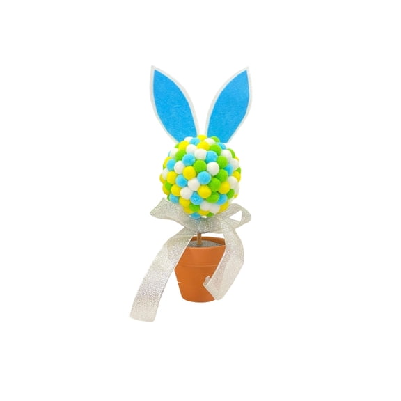 RICHMJ Easter Bunny Table Decration 3 Color Options Pom-Pom Ball Topiary with Felt Ears, Mini Terracotta Pot & Ribbon for Spring, Easter, Home, Party, Dining Table Decor & Holiday Decration (Blue)