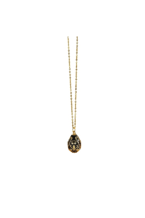 Easter Vintage Enamel Handmade Egg Pendant Necklace Floral Egg Glamour Gold Chain Jewelry Gift For Women Spring Holiday Gift（Black）