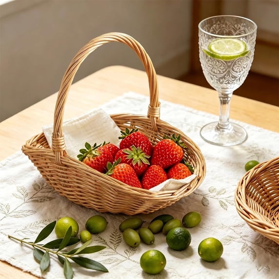 RICHMJ Handwoven Wicker Harvest Basket With Handle,9in Portable Rustic Storage Basket, Decorative Basket for Flowers Vegetables Picnic Use (A)